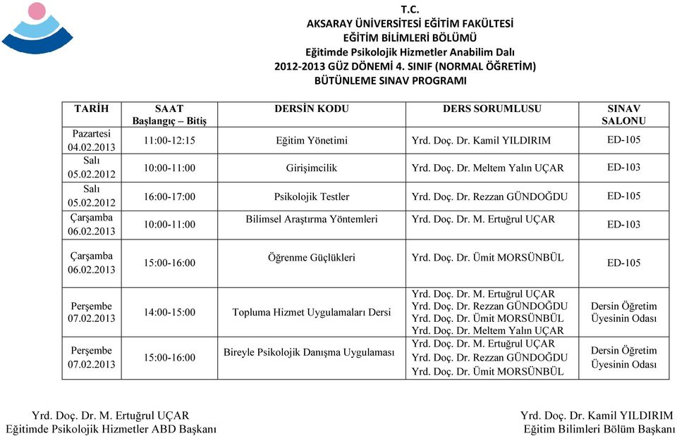 16:00-17:00 Psikolojik Testler Bilimsel Araştırma Yöntemleri