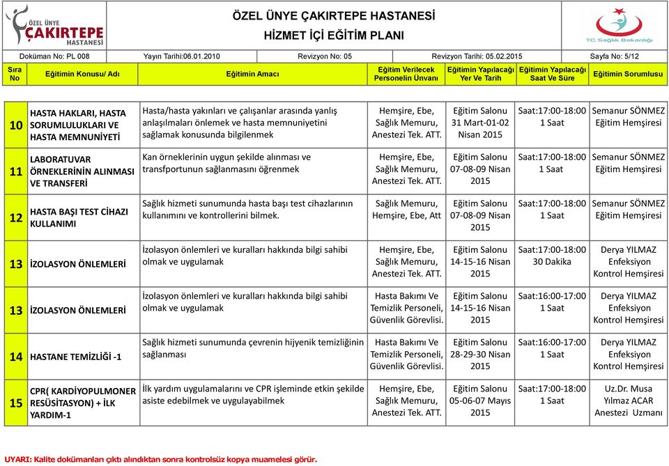 Mart-01-02 Nisan 11 LABORATUVAR ÖRNEKLERİNİN ALINMASI VE TRANSFERİ Kan örneklerinin uygun şekilde alınması ve transfportunun sağlanmasını öğrenmek 07-08-09 Nisan 12 HASTA BAŞI TEST CİHAZI KULLANIMI