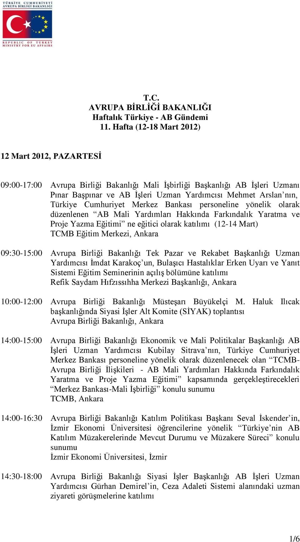 Cumhuriyet Merkez Bankası personeline yönelik olarak düzenlenen AB Mali Yardımları Hakkında Farkındalık Yaratma ve Proje Yazma Eğitimi ne eğitici olarak katılımı (12-14 Mart) TCMB Eğitim Merkezi,