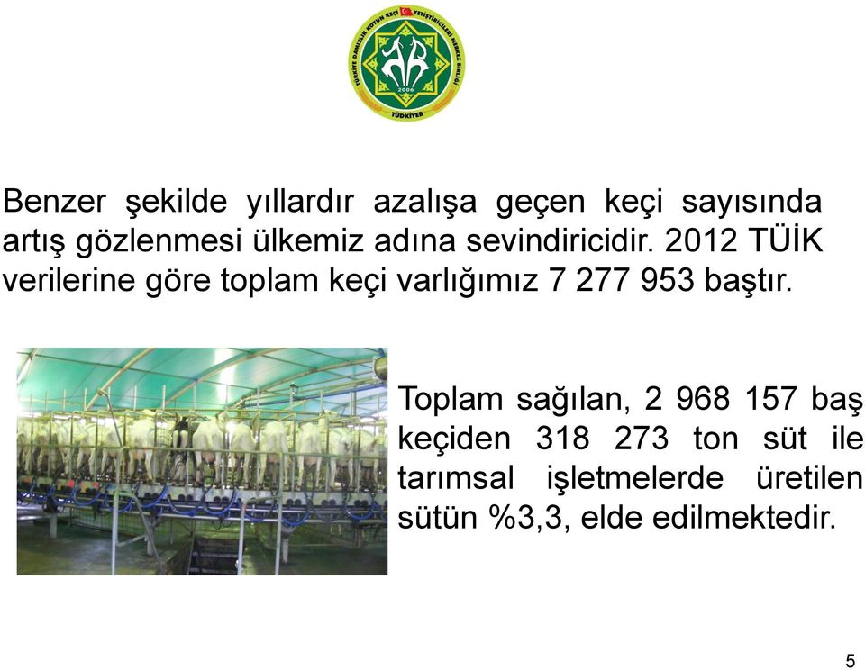 2012 TÜİK verilerine göre toplam keçi varlığımız 7 277 953 baştır.