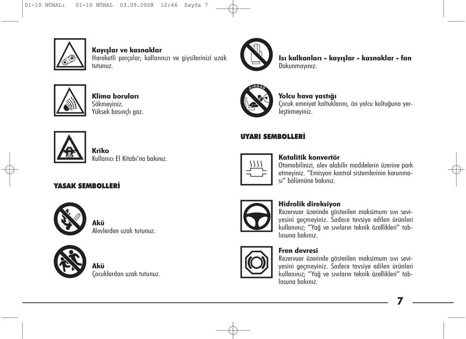 A I R B A G Yol cu ha va yas tı ğı Ço cuk em ni yet kol tuk la rı nı, ön yol cu kol tu ğu na yer - leş tir me yi niz. UYARI SEMBOLLERİ YASAK SEMBOLLERİ Kri ko Kul la nı cı El Ki ta bı na ba kı nız.