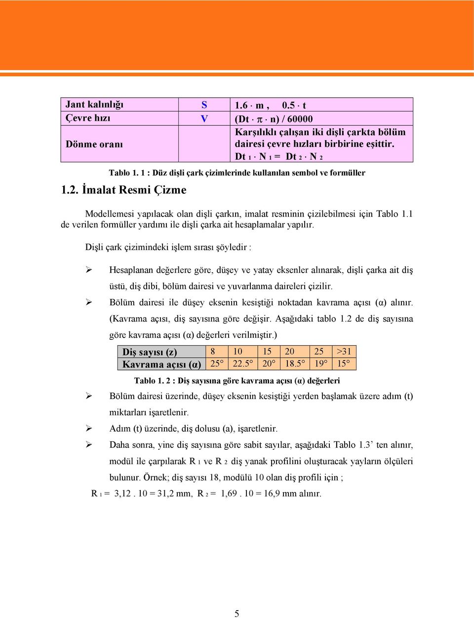 1 de verilen formüller yardımı ile dişli çarka ait hesaplamalar yapılır.