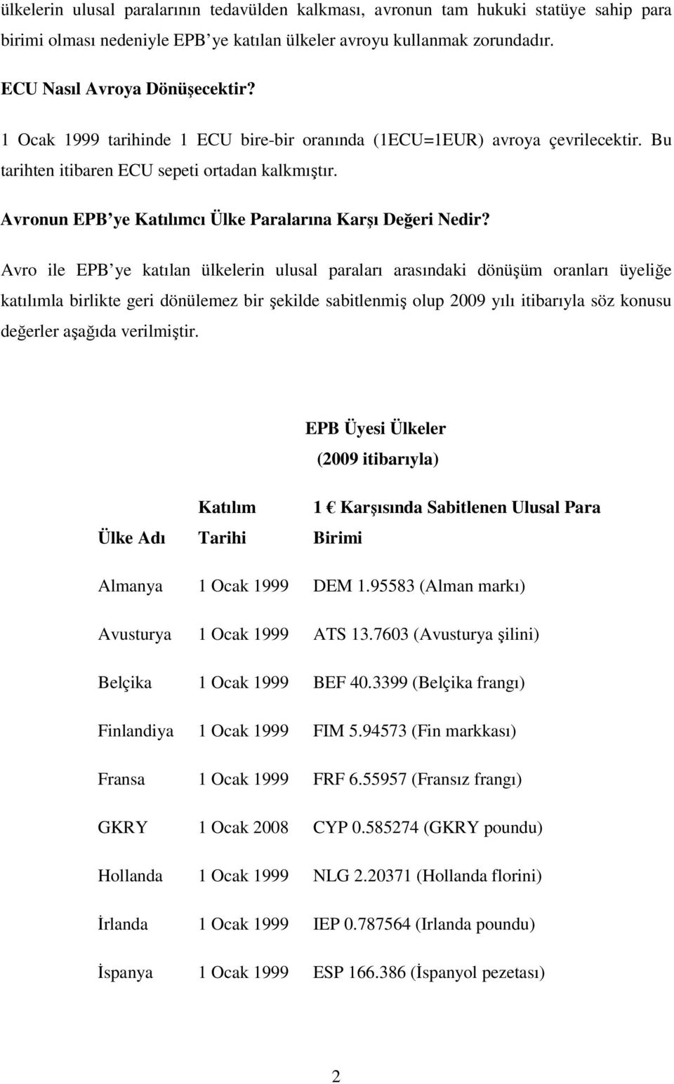 Avro ile EPB ye katılan ülkelerin ulusal paraları arasındaki dönüşüm oranları üyeliğe katılımla birlikte geri dönülemez bir şekilde sabitlenmiş olup 2009 yılı itibarıyla söz konusu değerler aşağıda