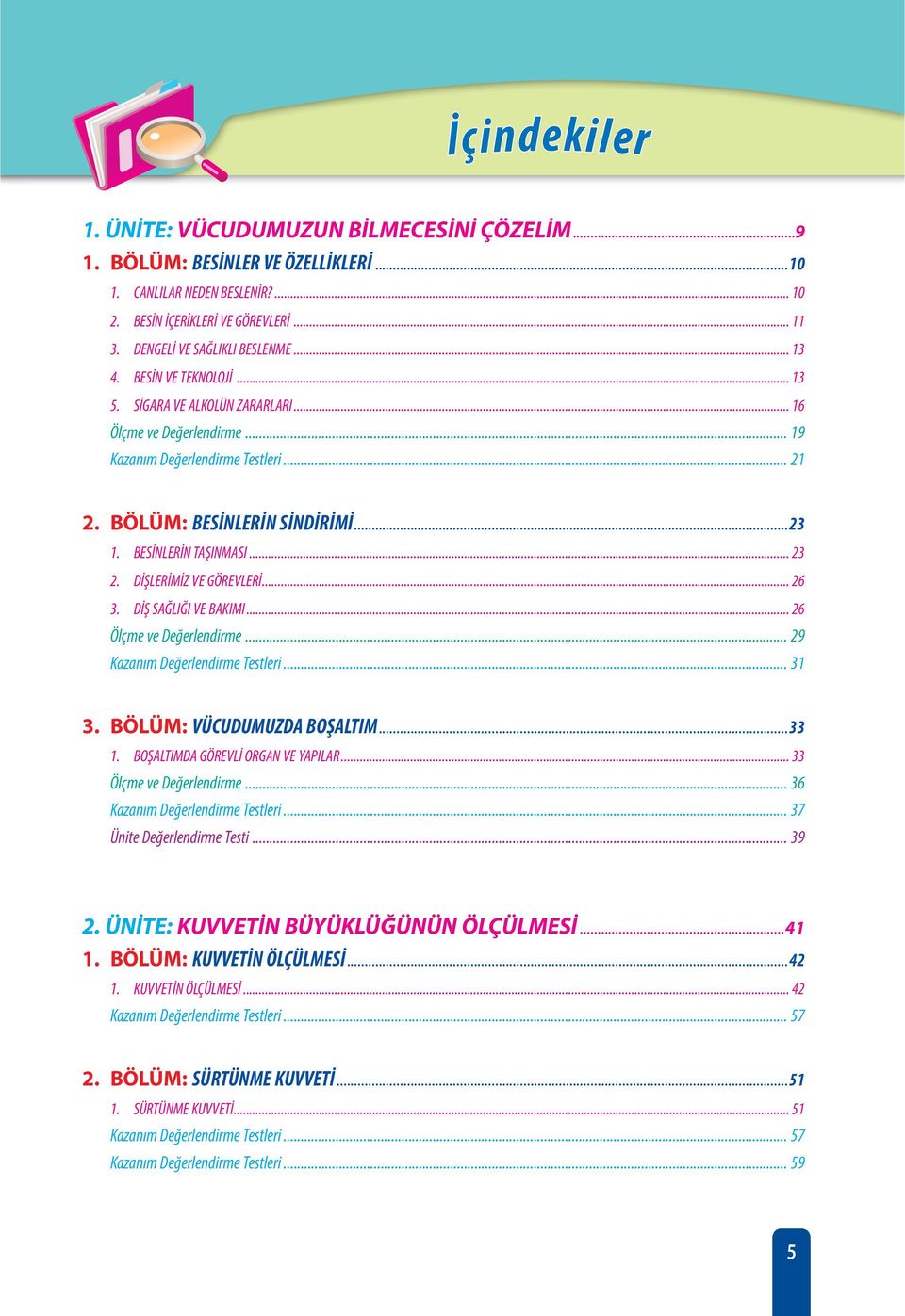 .. 23 1. BESİNLERİN TAŞINMASI... 23 2. DİŞLERİMİZ VE GÖREVLERİ... 26 3. DİŞ SAĞLIĞI VE BAKIMI... 26 Ölçme ve Değerlendirme... 29 Kazanım Değerlendirme Testleri... 31 3. BÖLÜM: VÜCUDUMUZDA BOŞALTIM.