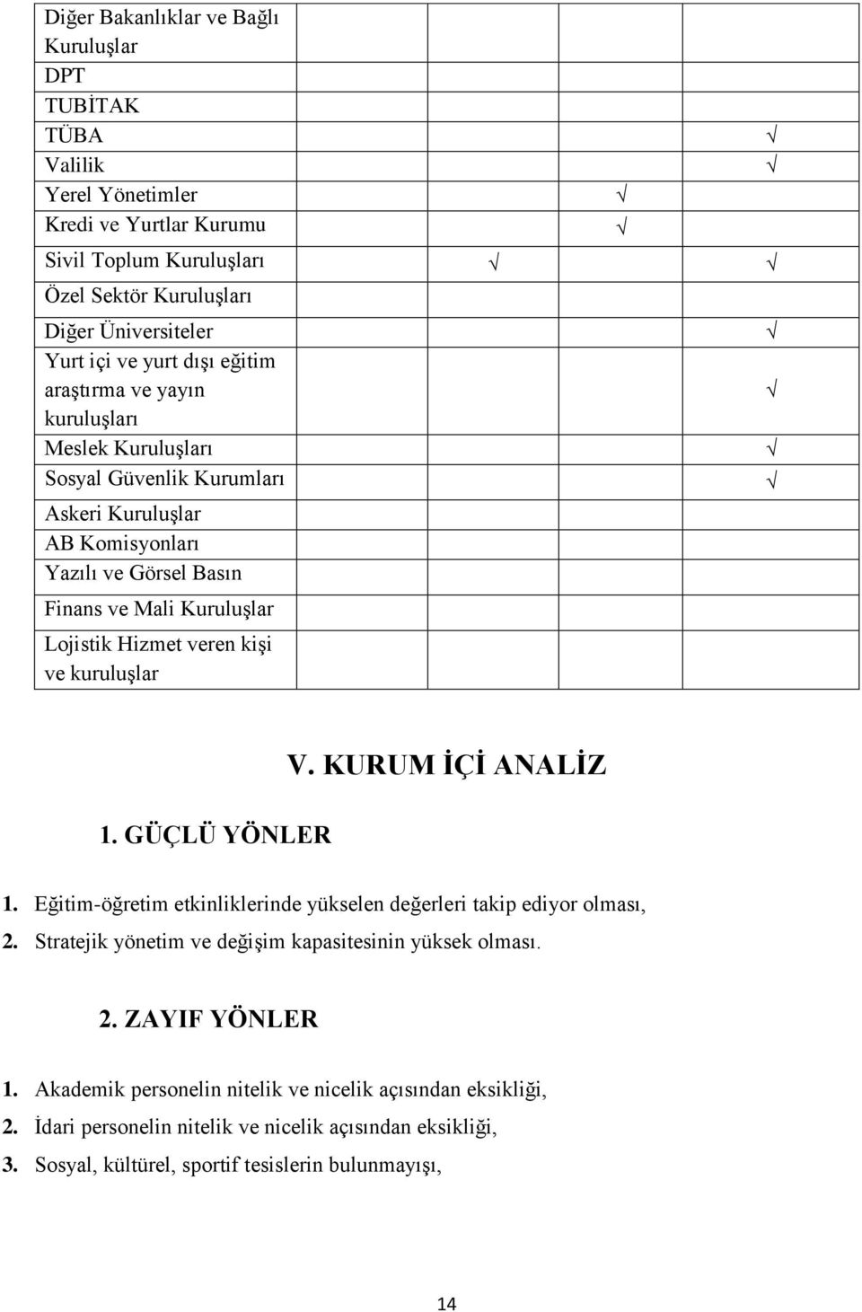 veren kişi ve kuruluşlar 1. GÜÇLÜ YÖNLER V. KURUM İÇİ ANALİZ 1. Eğitim-öğretim etkinliklerinde yükselen değerleri takip ediyor olması, 2.