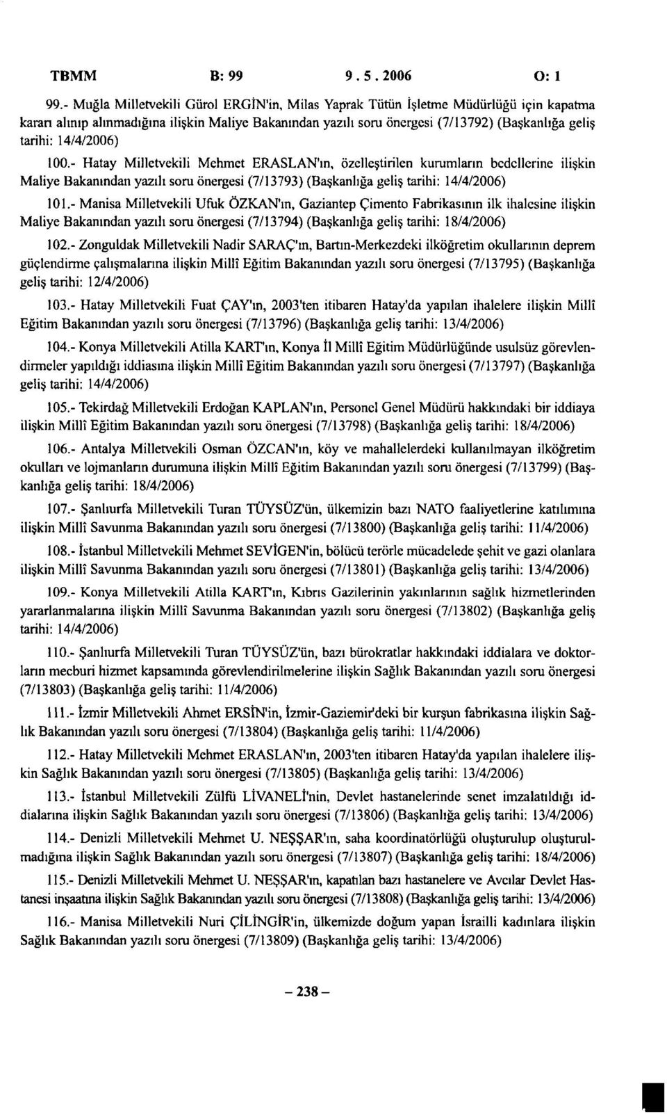 14/4/2006) 100.- Hatay Milletvekili Mehmet ERASLAN'ın, özelleştirilen kurumların bedellerine ilişkin Maliye Bakanından yazılı soru önergesi (7/13793) (Başkanlığa geliş tarihi: 14/4/2006) 101.