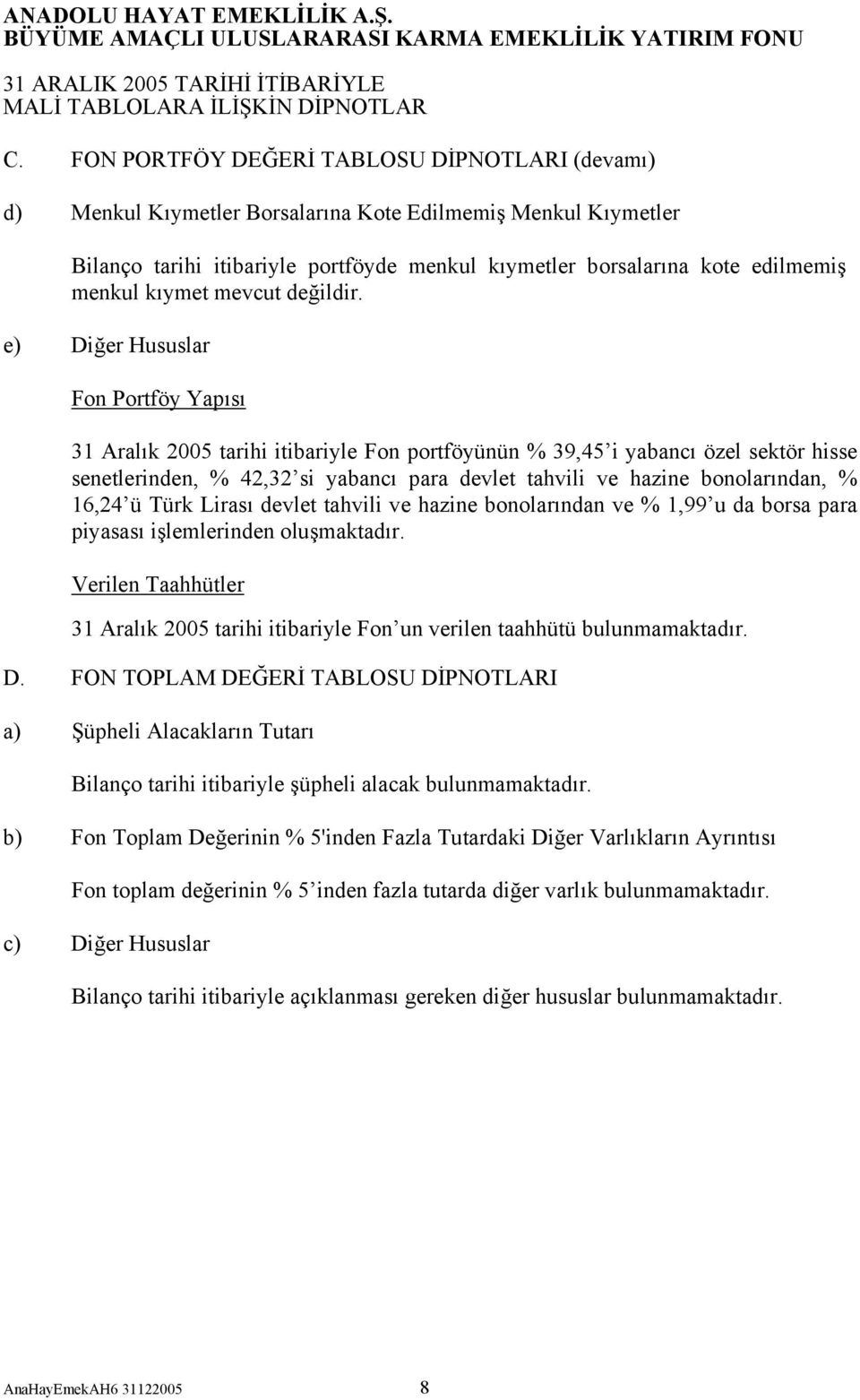 e) Diğer Hususlar Fon Portföy Yapısı 31 Aralık 2005 tarihi itibariyle Fon portföyünün % 39,45 i yabancı özel sektör hisse senetlerinden, % 42,32 si yabancı para devlet tahvili ve hazine bonolarından,