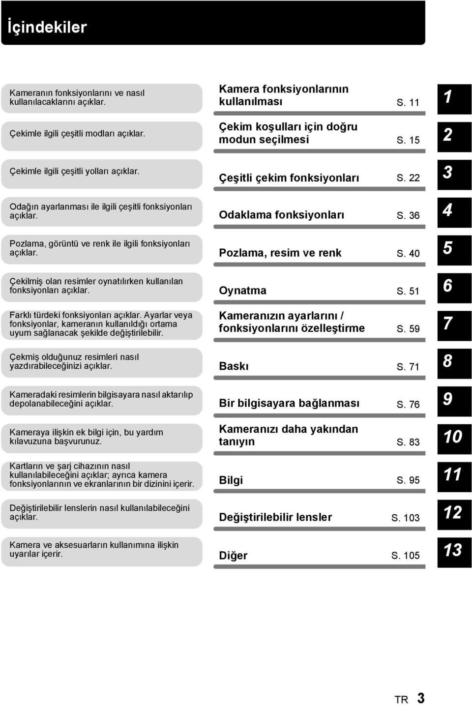 Farklı türdeki fonksiyonları açıklar. Ayarlar veya fonksiyonlar, kameranın kullanıldığı ortama uyum sağlanacak şekilde değiştirilebilir. Çekmiş olduğunuz resimleri nasıl yazdırabileceğinizi açıklar.