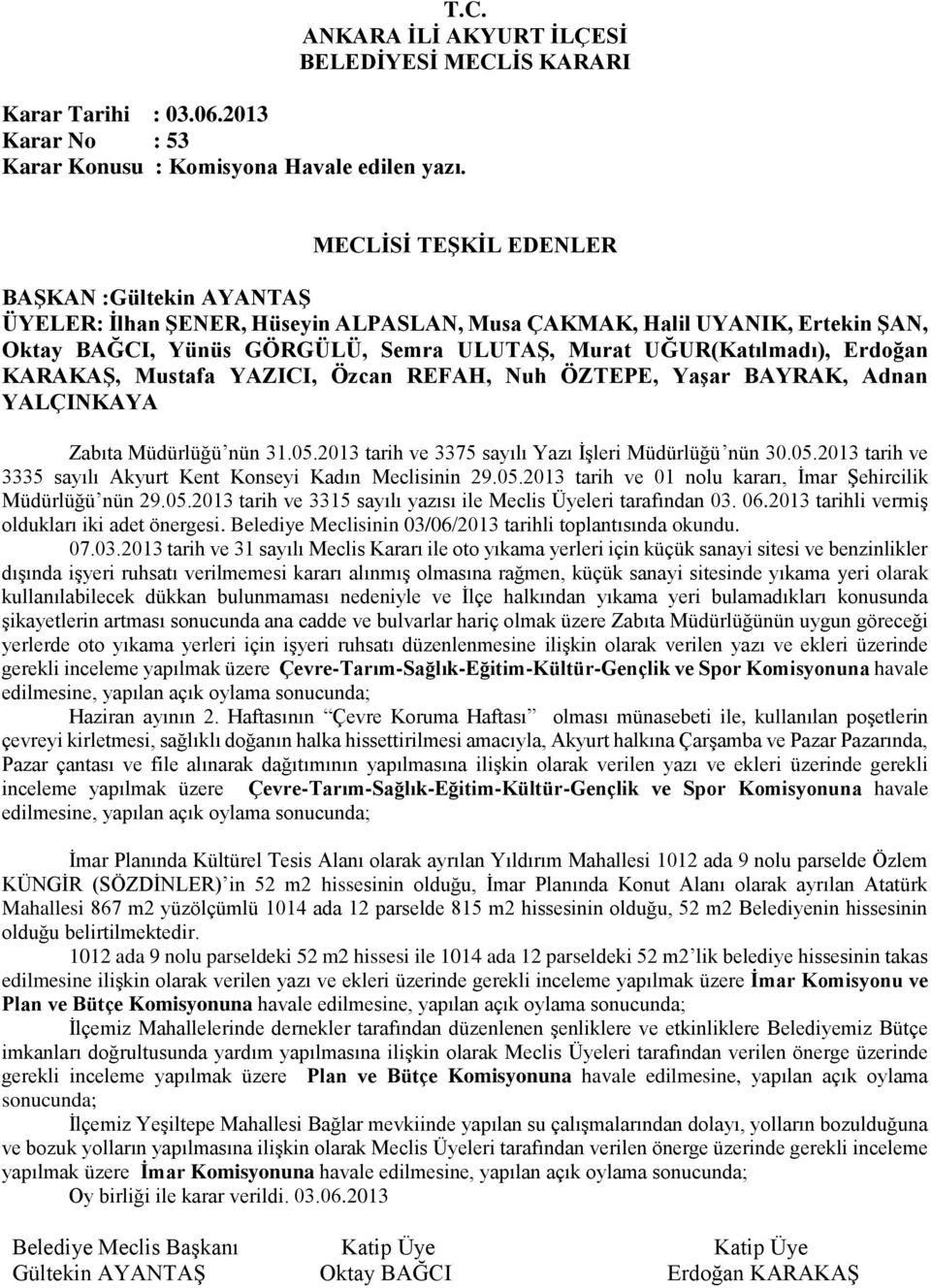 2013 tarih ve 3375 sayılı Yazı İşleri Müdürlüğü nün 30.05.2013 tarih ve 3335 sayılı Akyurt Kent Konseyi Kadın Meclisinin 29.05.2013 tarih ve 01 nolu kararı, İmar Şehircilik Müdürlüğü nün 29.05.2013 tarih ve 3315 sayılı yazısı ile Meclis Üyeleri tarafından 03.