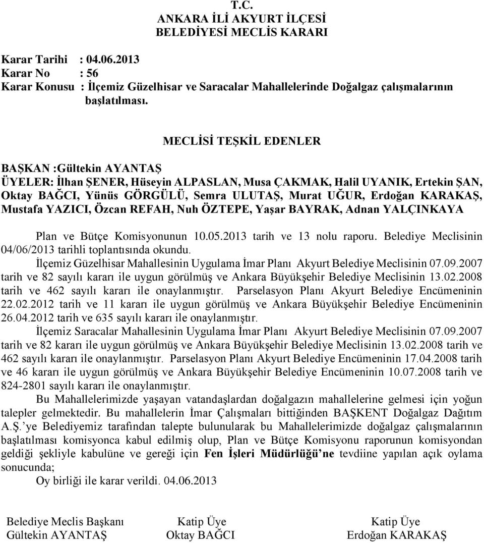 2007 tarih ve 82 sayılı kararı ile uygun görülmüş ve Ankara Büyükşehir Belediye Meclisinin 13.02.2008 tarih ve 462 sayılı kararı ile onaylanmıştır. Parselasyon Planı Akyurt Belediye Encümeninin 22.02.2012 tarih ve 11 kararı ile uygun görülmüş ve Ankara Büyükşehir Belediye Encümeninin 26.