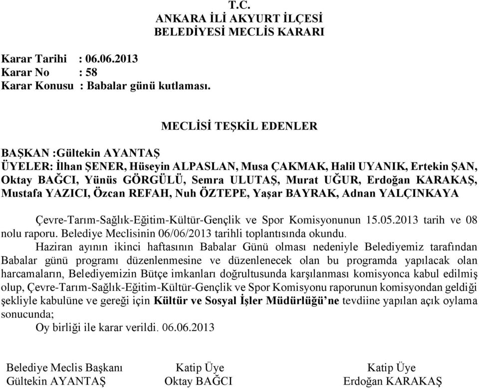 Haziran ayının ikinci haftasının Babalar Günü olması nedeniyle Belediyemiz tarafından Babalar günü programı düzenlenmesine ve düzenlenecek olan bu programda yapılacak olan harcamaların,