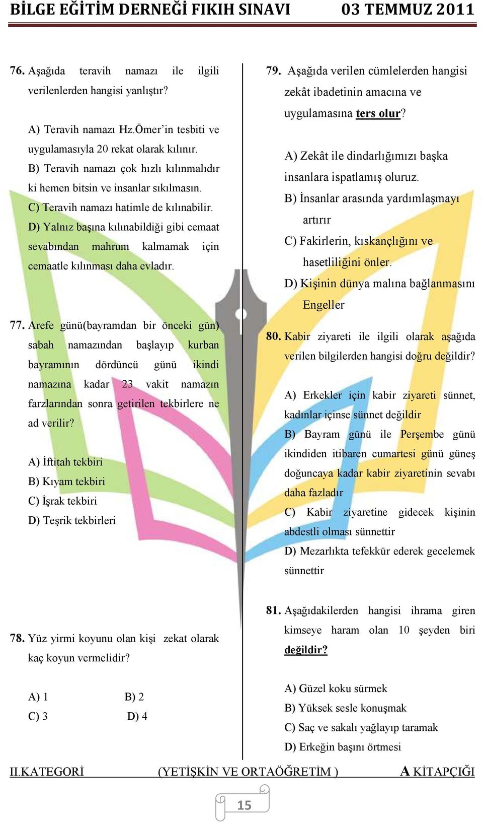 D) Yalnız başına kılınabildiği gibi cemaat sevabından mahrum kalmamak için cemaatle kılınması daha evladır. 77.