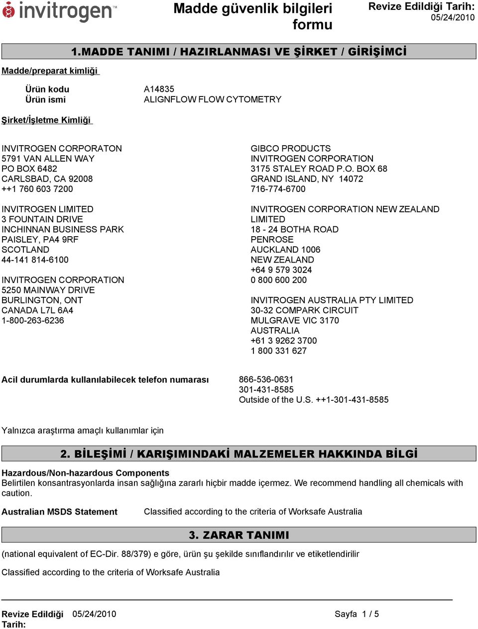 ++1 760 603 7200 INVITROGEN LIMITED 3 FOUNTAIN DRIVE INCHINNAN BUSINESS PARK PAISLEY, PA4 9RF SCOTLAND 44-141 814-6100 INVITROGEN CORPORATION 5250 MAINWAY DRIVE BURLINGTON, ONT CANADA L7L 6A4