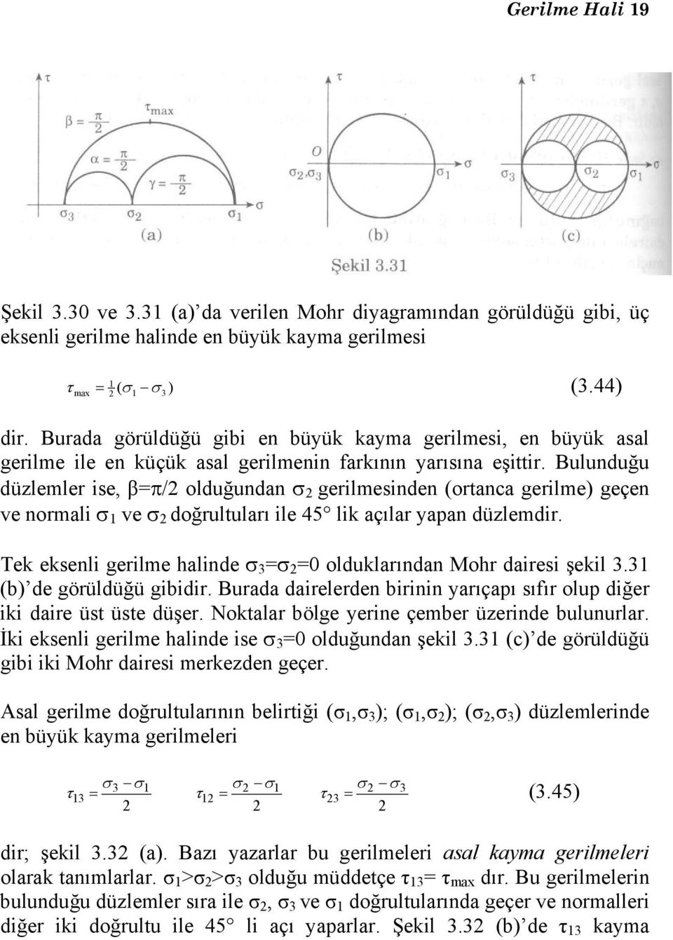 Bulunduğu düzlemler ise, β=π/2 olduğundan σ 2 gerilmesinden (ortanca gerilme) geçen ve normali σ 1 ve σ 2 doğrultuları ile 45 lik açılar yapan düzlemdir.