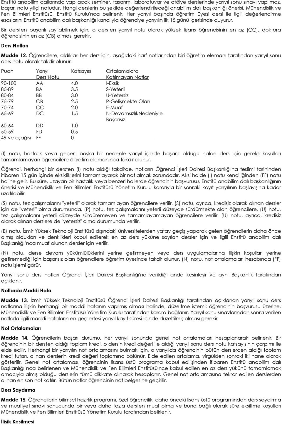 Her yarıyıl başında öğretim üyesi dersi ile ilgili değerlendirme esaslarını Enstitü anabilim dalı başkanlığı kanalıyla öğrenciye yarıyılın ilk 15 günü içerisinde duyurur.