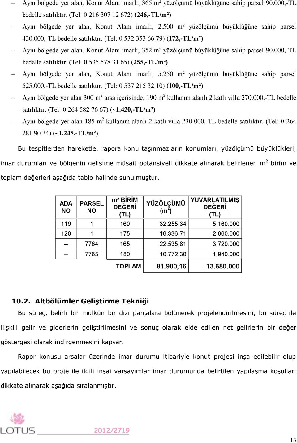 000,-TL bedelle satılıktır. (Tel: 0 535 578 31 65) (255,-TL/m²) Aynı bölgede yer alan, Konut Alanı imarlı, 5.250 m² yüzölçümü büyüklüğüne sahip parsel 525.000,-TL bedelle satılıktır. (Tel: 0 537 215 32 10) (100,-TL/m²) Aynı bölgede yer alan 300 m 2 arsa içerisinde, 190 m 2 kullanım alanlı 2 katlı villa 270.