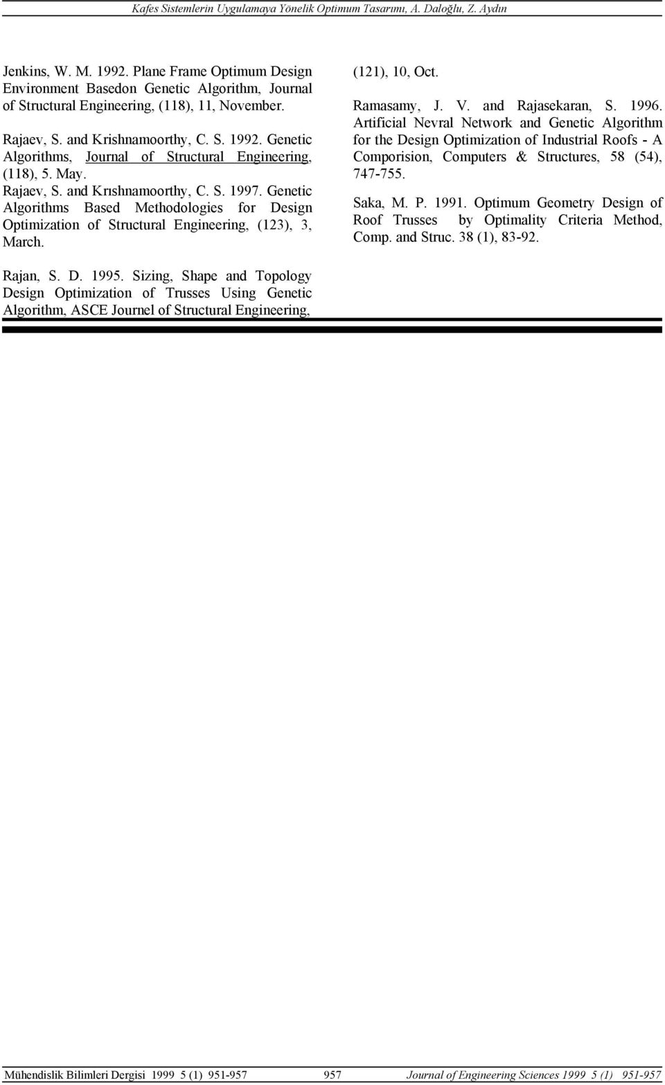 1996. Artfcal Nevral Network and Genetc Algorthm for the Desgn Optmzaton of Industral Roofs - A Comporson, Computers & Structures, 58 (54), 747-755. Saka, M. P. 1991.