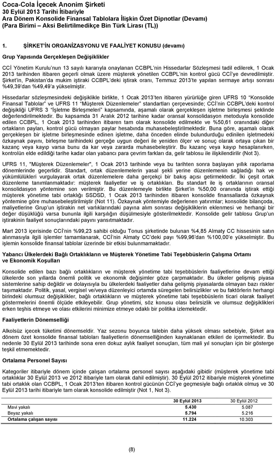 Ocak 2013 tarihinden itibaren geçerli olmak üzere müşterek yönetilen CCBPL nin kontrol gücü CCİ ye devredilmiştir.