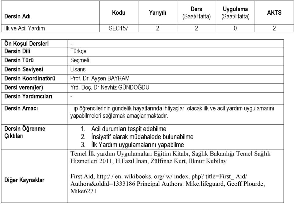 Dr Nevhiz GÜNDOĞDU Dersin Yardımcıları - AKTS Dersin Amacı Dersin Öğrenme Çıktıları Diğer Kaynaklar Tıp öğrencilerinin gündelik hayatlarında ihtiyaçları olacak ilk ve acil yardım uygulamarını