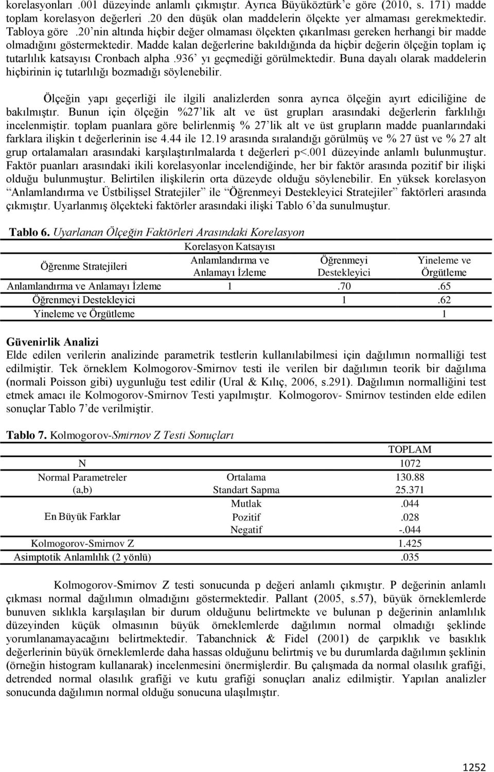 Madde kalan değerlerine bakıldığında da hiçbir değerin ölçeğin toplam iç tutarlılık katsayısı Cronbach alpha.936 yı geçmediği görülmektedir.