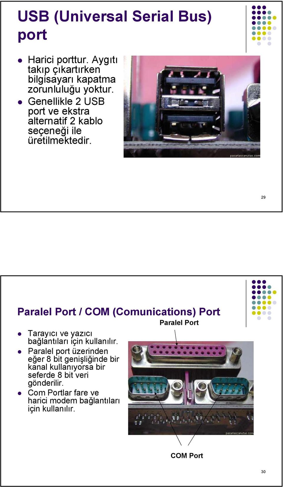 29 Paralel Port / COM (Comunications) Port Tarayıcı ve yazıcı bağlantıları için kullanılır.