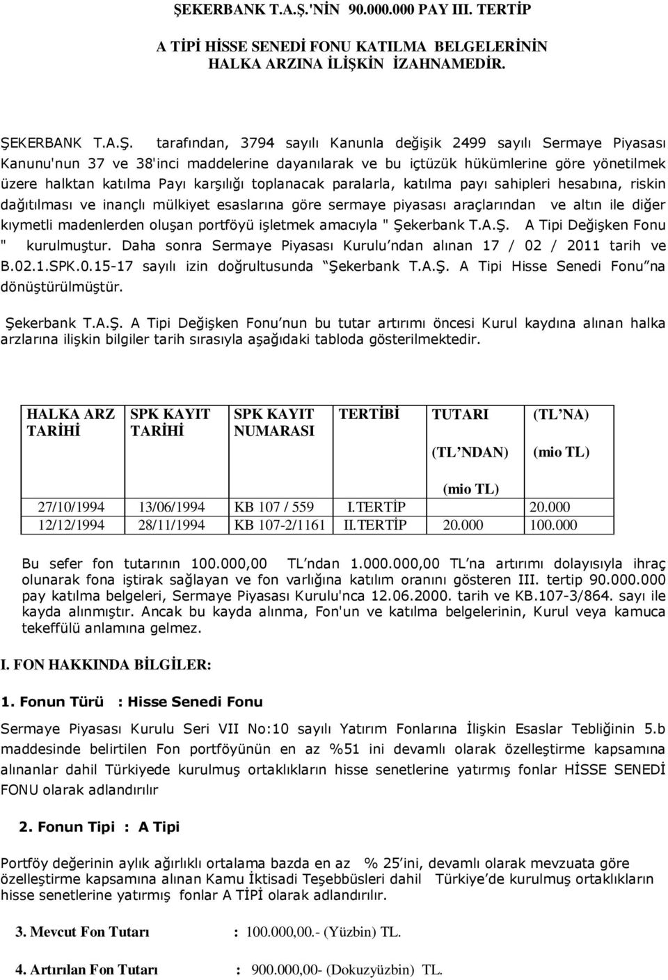 riskin dağıtılması ve inançlı mülkiyet esaslarına göre sermaye piyasası araçlarından ve altın ile diğer kıymetli madenlerden oluşan portföyü işletmek amacıyla " Şekerbank T.A.Ş. A Tipi Değişken Fonu " kurulmuştur.