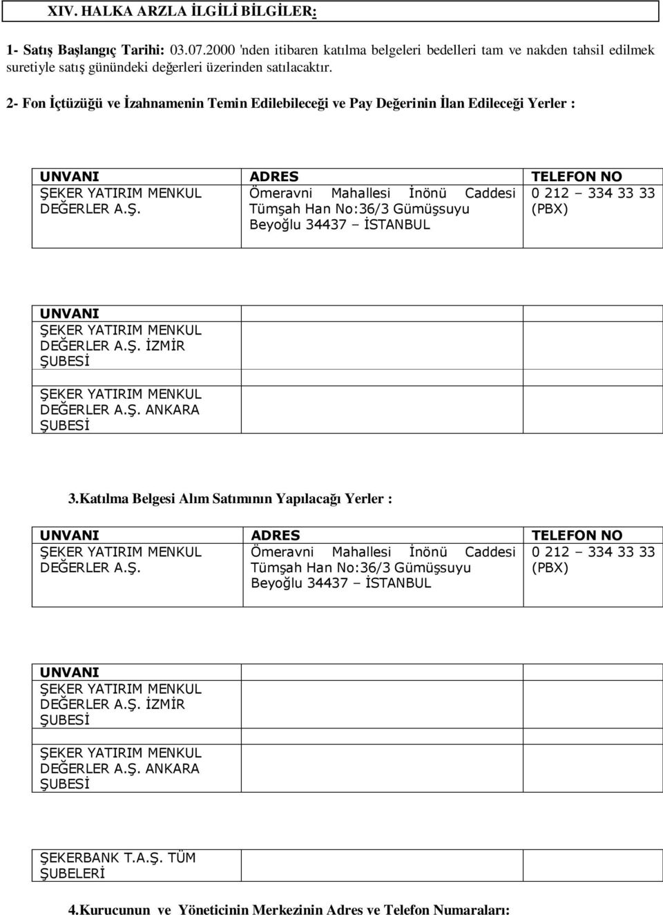 2- Fon İçtüzüğü ve İzahnamenin Temin Edilebileceği ve Pay Değerinin İlan Edileceği Yerler : UNVANI ADRES TELEFON NO DEĞERLER A.Ş.