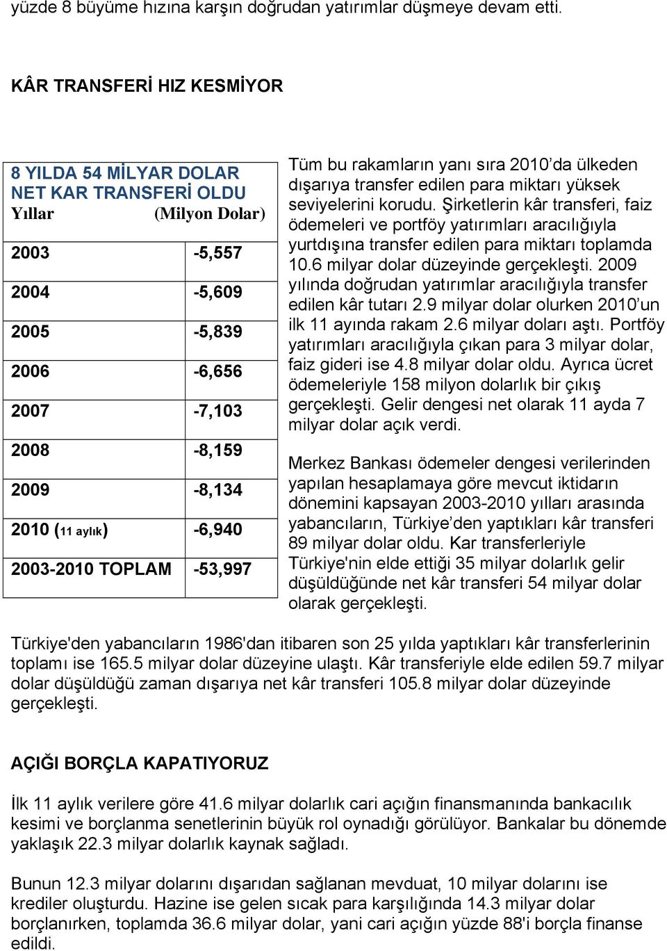 2003-2010 TOPLAM -53,997 Tüm bu rakamların yanı sıra 2010 da ülkeden dışarıya transfer edilen para miktarı yüksek seviyelerini korudu.