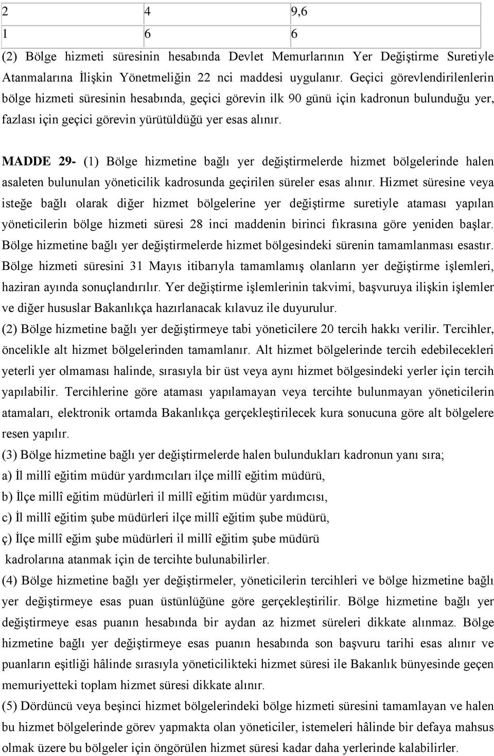 MADDE 29- (1) Bölge hizmetine bağlı yer değiştirmelerde hizmet bölgelerinde halen asaleten bulunulan yöneticilik kadrosunda geçirilen süreler esas alınır.