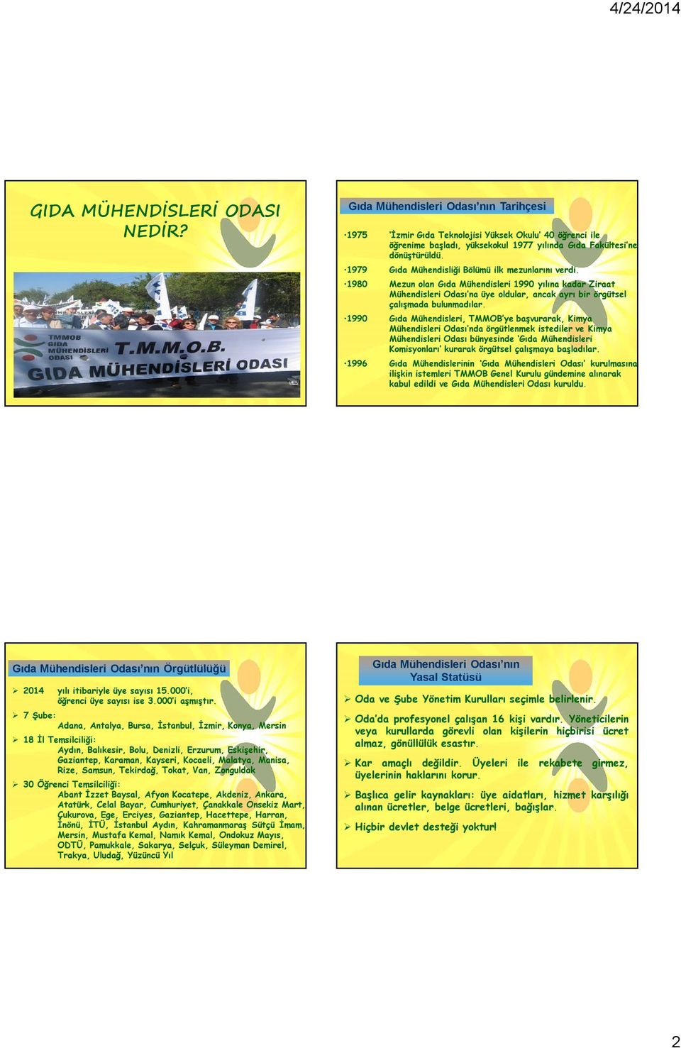 1990 Gıda Mühendisleri, TMMOB ye başvurarak, Kimya Mühendisleri Odası nda örgütlenmek istediler ve Kimya Mühendisleri Odası bünyesinde Gıda Mühendisleri Komisyonları kurarak örgütsel çalışmaya