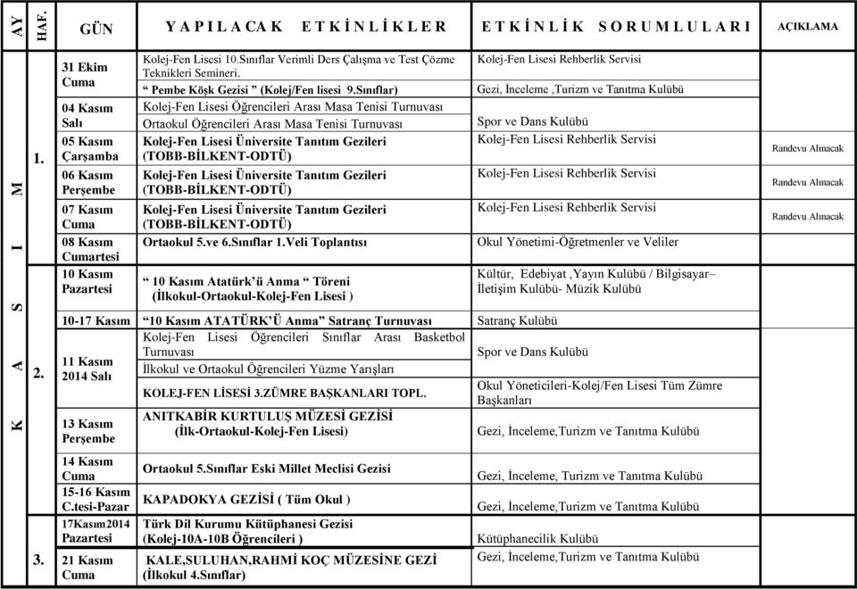 Sınıflar) Gezi, İnceleme,Turizm ve Tanıtma Kulübü Kolej-Fen Lisesi Öğrencileri Arası Masa Tenisi Turnuvası Ortaokul Öğrencileri Arası Masa Tenisi Turnuvası Kolej-Fen Lisesi Üniversite Tanıtım