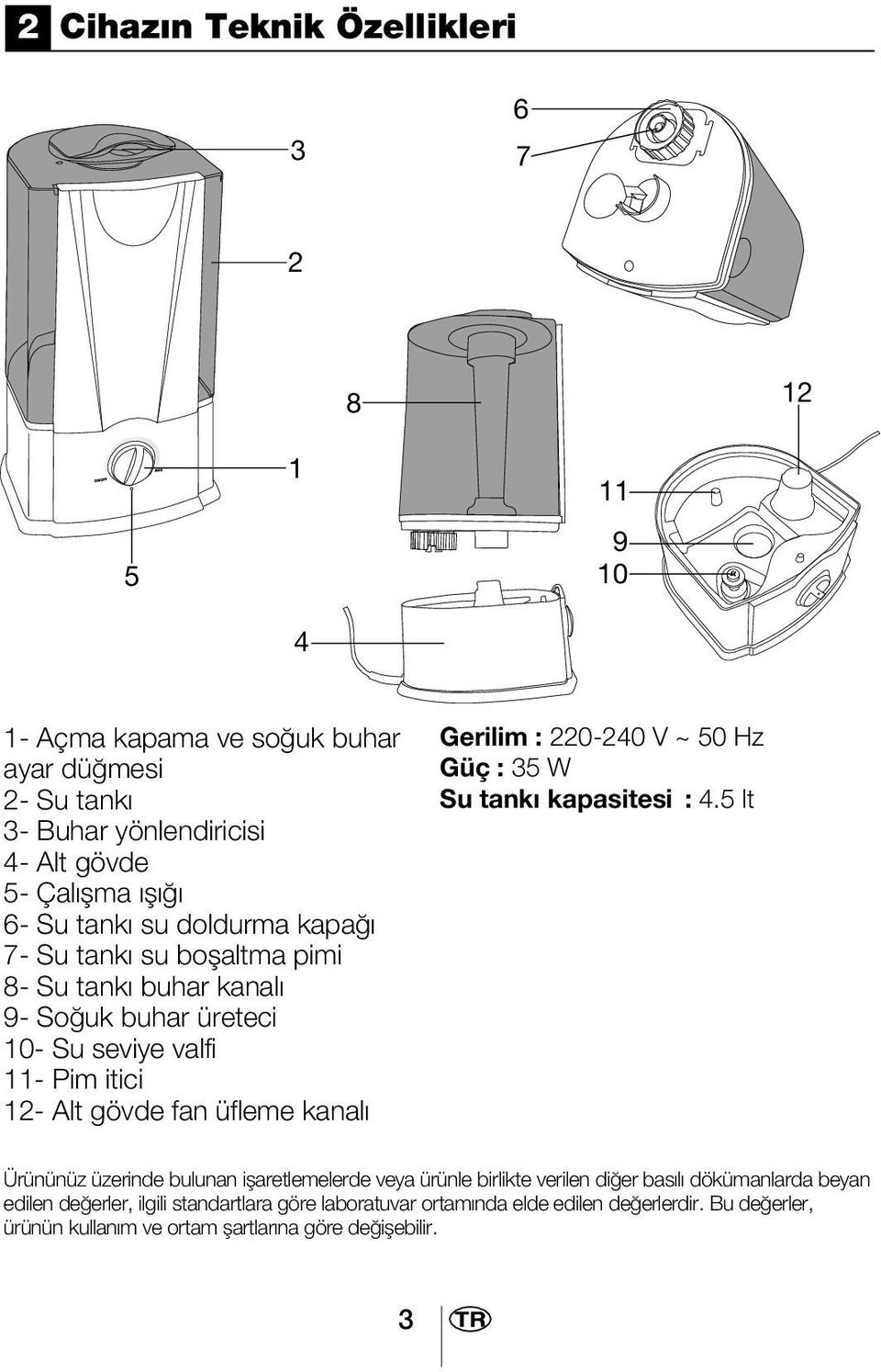 Gerilim : 220-240 V ~ 50 Hz Güç : 35 W Su tank kapasitesi : 4.