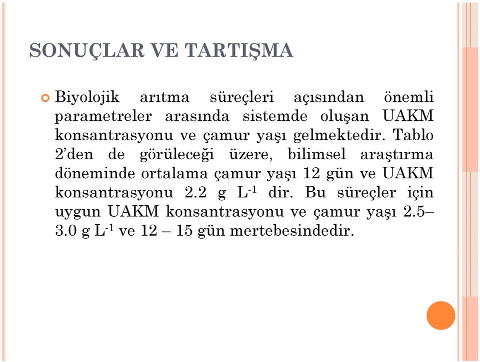 Tablo 2 den de görüleceği üzere, bilimsel araştırma döneminde ortalama çamur yaşı 12 gün