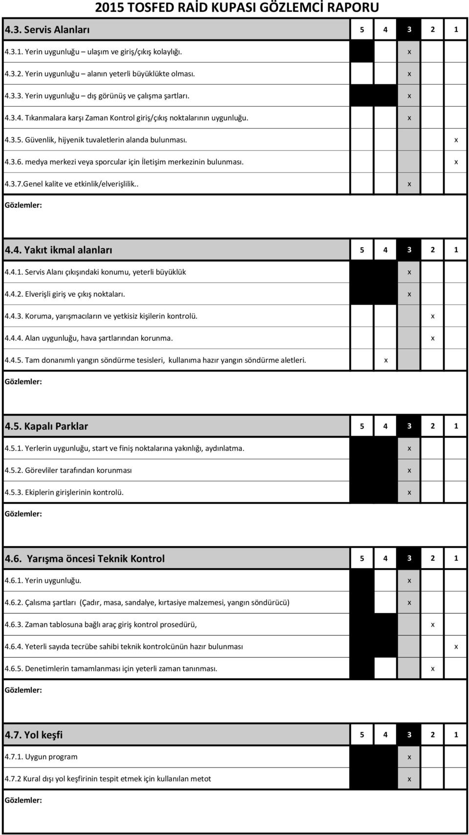 medya merkezi veya sporcular için İletişim merkezinin bulunması. 4.3.7.Genel kalite ve etkinlik/elverişlilik.. 4.4. Yakıt ikmal alanları 5 4 3 2 1 4.4.1. Servis Alanı çıkışındaki konumu, yeterli büyüklük 4.