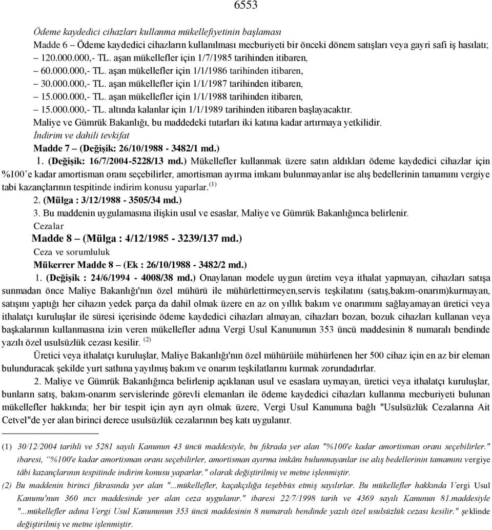 000.000,- TL. altında kalanlar için 1/1/1989 tarihinden itibaren başlayacaktır. Maliye ve Gümrük Bakanlığı, bu maddedeki tutarları iki katına kadar artırmaya yetkilidir.