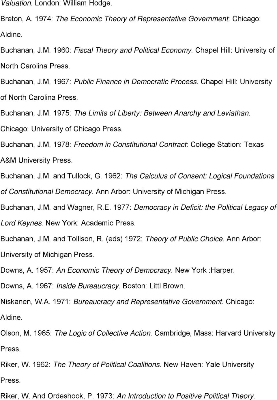 Chicago: University of Chicago Press. Buchanan, J.M. 1978: Freedom in Constitutional Contract: Coliege Station: Texas A&M University Press. Buchanan, J.M. and Tullock, G.