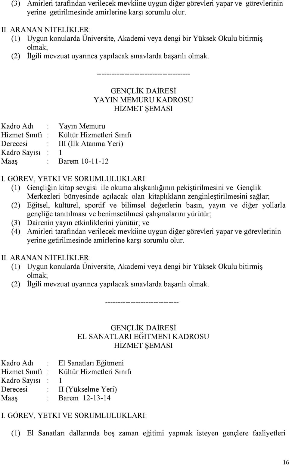 Kadro Adı : Yayın Memuru Derecesi : III (İlk Atanma Yeri) Maaş : Barem 10-11-12 ------------------------------------- YAYIN MEMURU KADROSU (1) Gençliğin kitap sevgisi ile okuma alışkanlığının