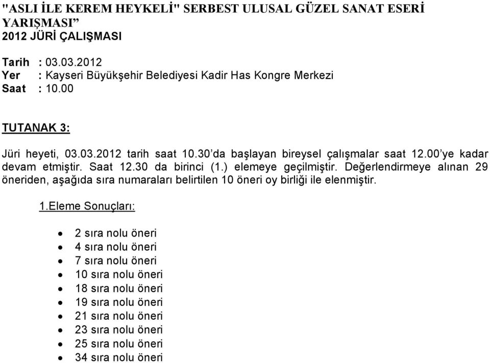 30 da başlayan bireysel çalışmalar saat 12.00 ye kadar devam etmiştir. Saat 12.30 da birinci (1.) elemeye geçilmiştir.