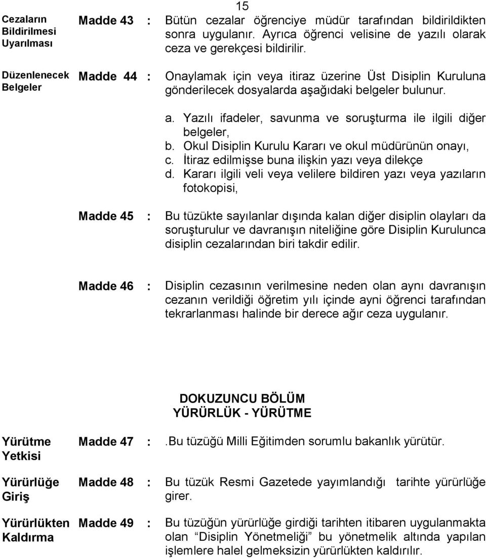 Okul Disiplin Kurulu Kararı ve okul müdürünün onayı, c. İtiraz edilmişse buna ilişkin yazı veya dilekçe d.