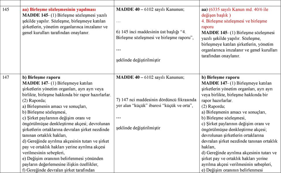 Birleşme sözleşmesi ve birleşme raporu, şeklinde değiştirilmiştir aa) (6335 sayılı Kanun md. 40/6 ile değişen başlık ) 4.