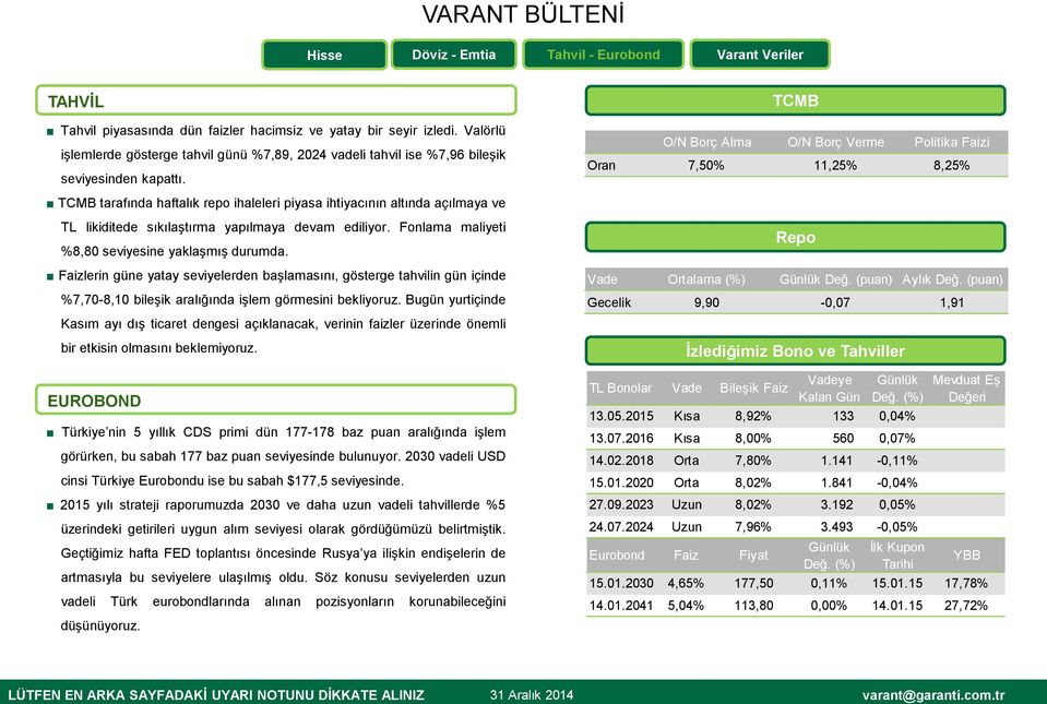 ediliyor. Fonlama maliyeti %8,80 seviyesine yaklaşmış durumda. Faizlerin güne yatay seviyelerden başlamasını, gösterge tahvilin gün içinde %7,70-8,10 bileşik aralığında işlem görmesini bekliyoruz.