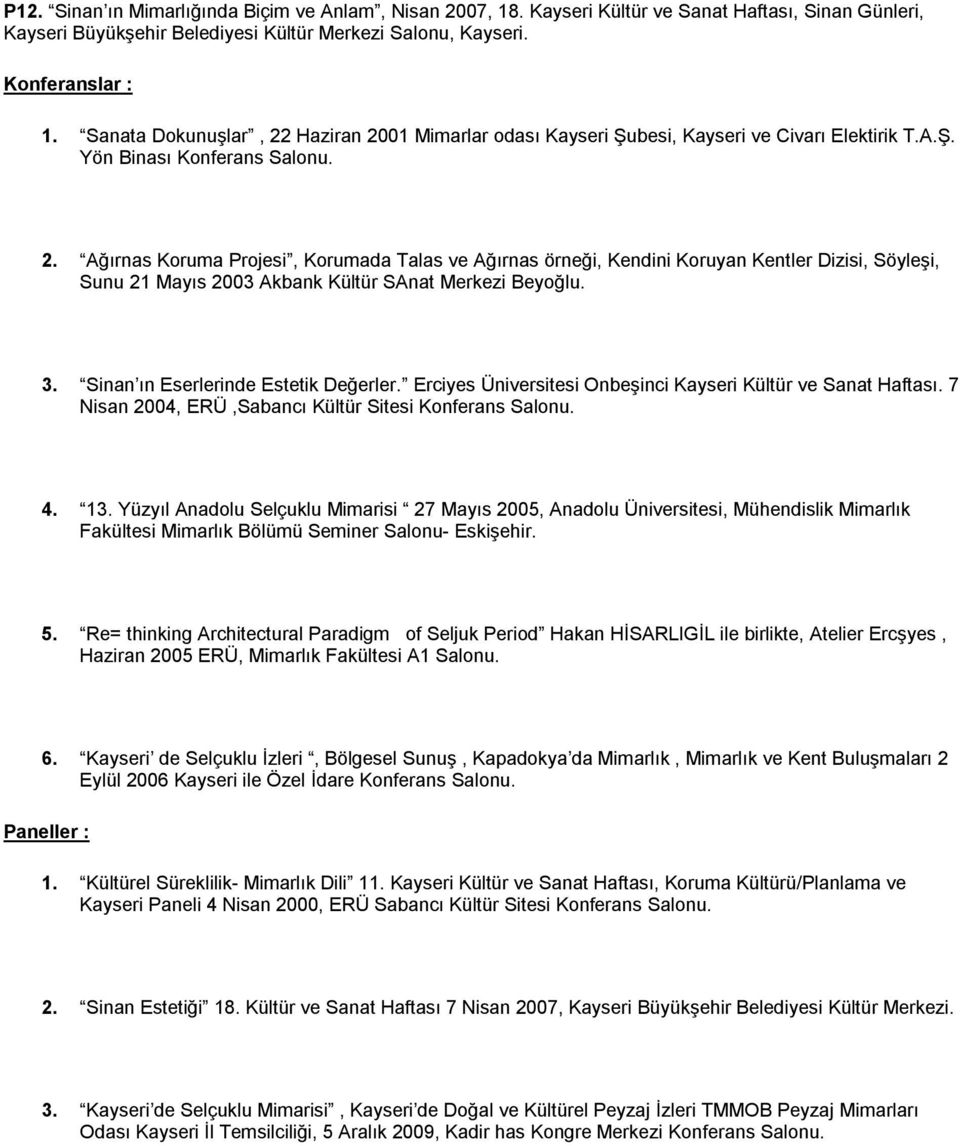 3. Sinan ın Eserlerinde Estetik Değerler. Erciyes Üniversitesi Onbeşinci Kayseri Kültür ve Sanat Haftası. 7 Nisan 2004, ERÜ,Sabancı Kültür Sitesi Konferans Salonu. 4. 13.