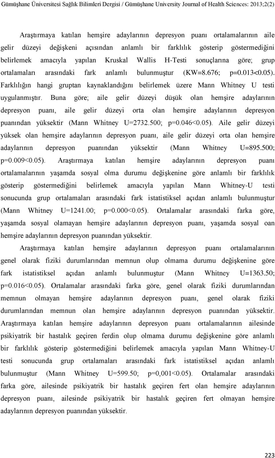 Buna göre; aile gelir düzeyi düşük olan hemşire adaylarının depresyon puanı, aile gelir düzeyi orta olan hemşire adaylarının depresyon puanından yüksektir (Mann Whitney U=2732.500; p=0.046<0.05).