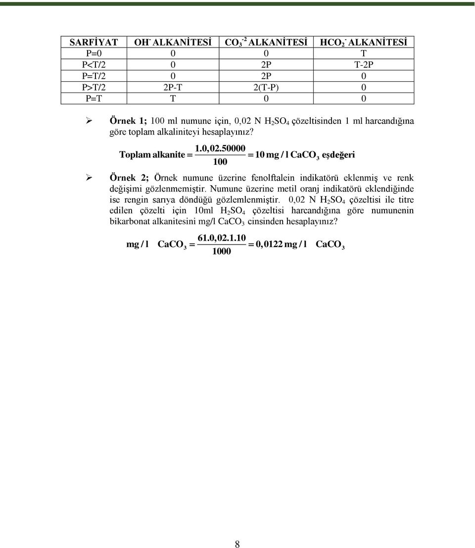 50000 Toplam alkanite 10 mg / l CaCO 3 eşdeğeri 100 Örnek 2; Örnek numune üzerine fenolftalein indikatörü eklenmiş ve renk değişimi gözlenmemiştir.