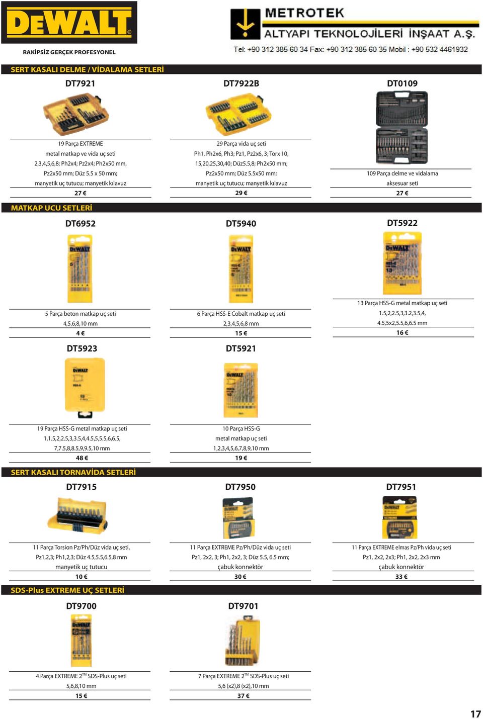5x50 mm; manyetik uç tutucu; manyetik kılavuz 29 DT5940 109 Parça delme ve vidalama aksesuar seti 27 DT5922 5 Parça beton matkap uç seti 4,5,6,8,10 mm 4 DT5923 6 Parça HSS-E Cobalt matkap uç seti