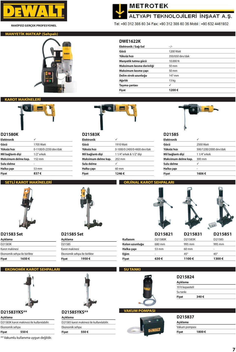 erkek Maksimum delme kap. 152 mm Sulu delme - Halka çapı 53 mm Fiyat 837 D21583K 1910 Watt Yksz hızı 0-1000/0-2400/0-4600 dev/dak Mil bağlantı dişi 1 1/4 erkek & 1/2 dişi Maksimum delme kap.