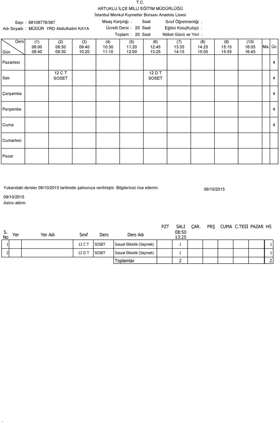 :5 Ma Üc tesi C T D T SOSET SOSET Cuma Yukarıdaki dersler 09/0/05 tarihinde şahsınıza verilmiştir Bilgilerinizi rica ederim 09/0/05 Aslını aldım 09/0/05