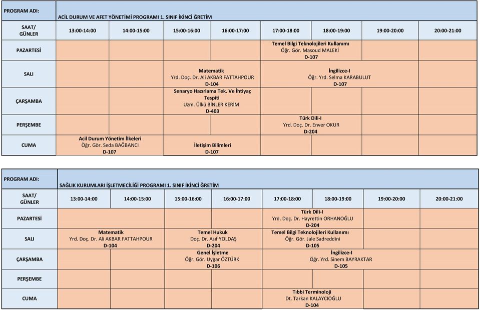 Enver OKUR SAĞLIK KURUMLARI İŞLETMECİLİĞİ PROGRAMI 1. SINIF İKİNCİ ĞRETİM Matematik Yrd. Doç. Dr. Ali AKBAR FATTAHPOUR Temel Hukuk Doç. Dr. Asıf YOLDAŞ Genel İşletme Yrd.