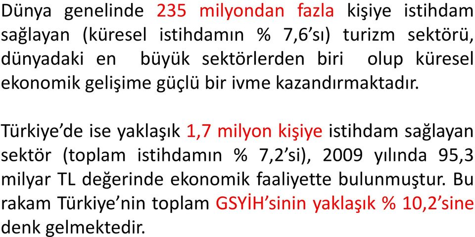 Türkiye de ise yaklaşık 1,7 milyon kişiye istihdam sağlayan sektör (toplam istihdamın % 7,2 si), 2009 yılında