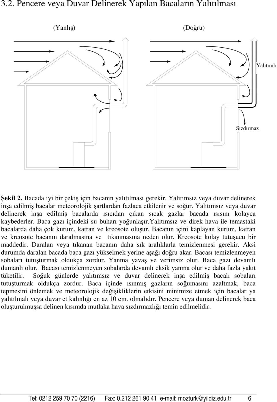 Yalıtımsız veya duvar delinerek inşa edilmiş bacalarda ısıcıdan çıkan sıcak gazlar bacada ısısını kolayca kaybederler. Baca gazı içindeki su buharı yoğunlaşır.